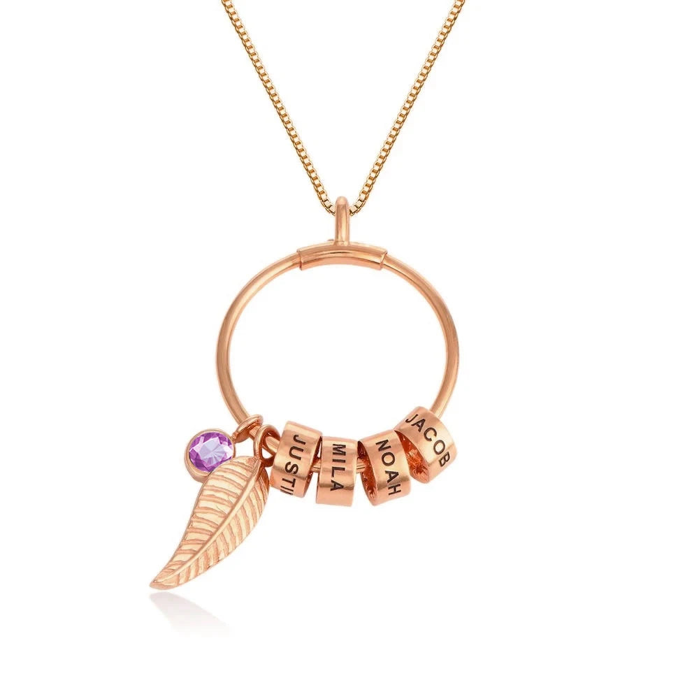 Circle Pendant Necklace with Engraved Beads & Birthstone Rose Gold