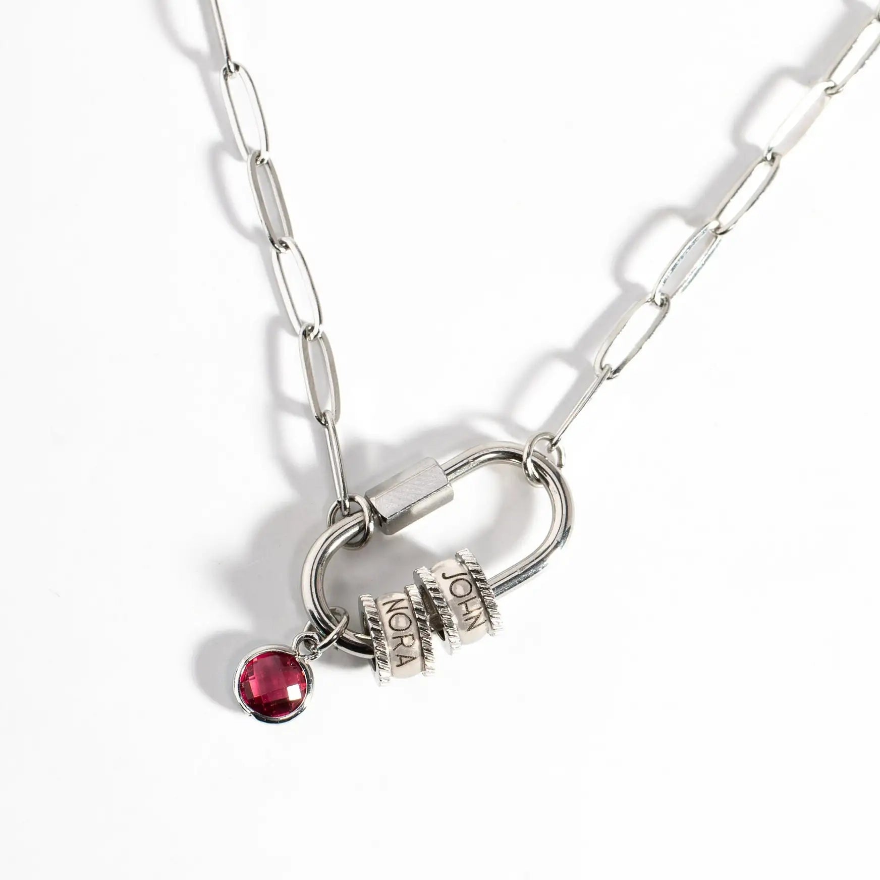 Silver Carabiner Lock Necklace with Name Beads and Birthstone