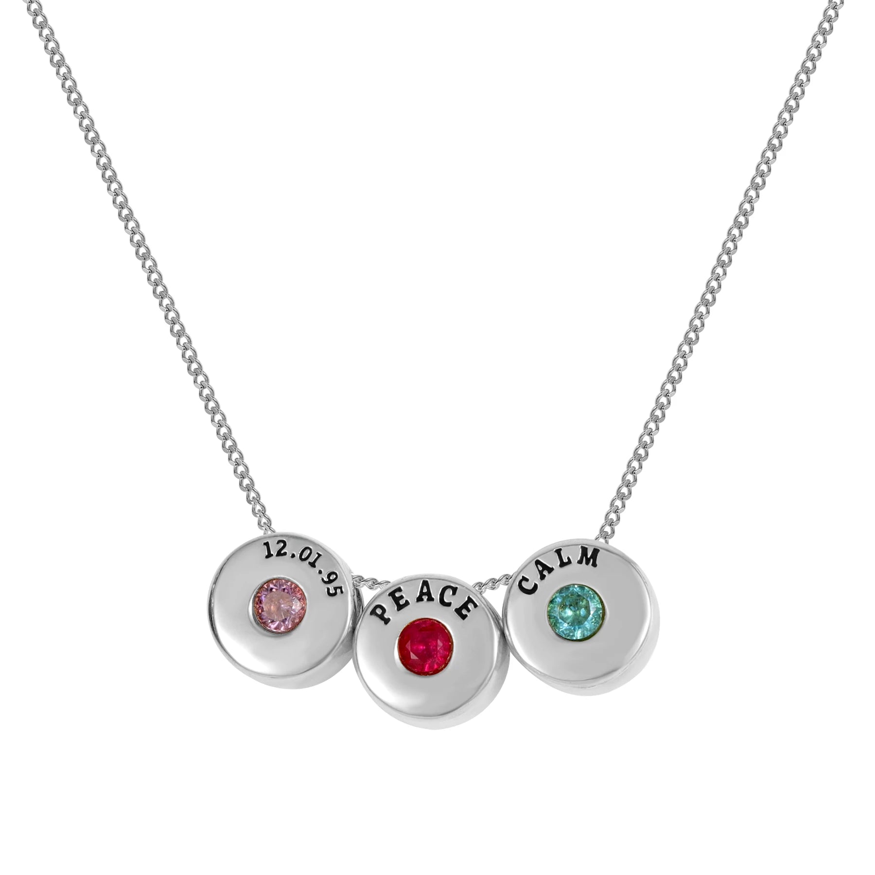 Engraved Beads Necklace with Names & Birthstones Silver
